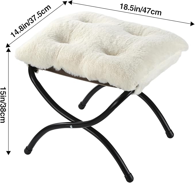 15" Foldable Foot Stool Ottoman with Metal Frame - Washable Faux Fur Beige Upholstered Indoor/Outdoor Footrest for Living Room, Bedroom, Patio - Space-Saving Compact Design