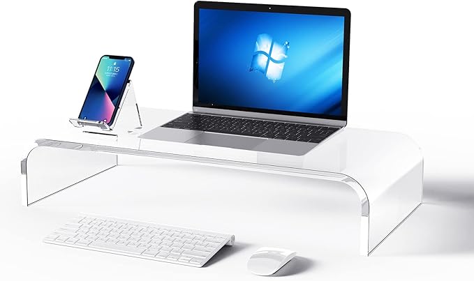 Premium Acrylic Monitor Stand | Clear Laptop Riser for Desk, Office and Home | Computer Stand for TV, Printer, and More | 16" L x 8" W x 4" H with Bonus Phone Stand