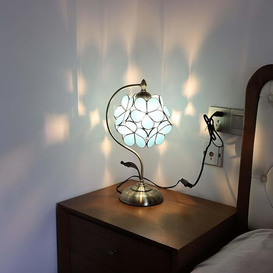 Bieye L10752 Tiffany Style Stained Glass Flower Petal Table Lamp with Brass Base for Home Décor (Sky Blue, 8" Cherry Blossom)