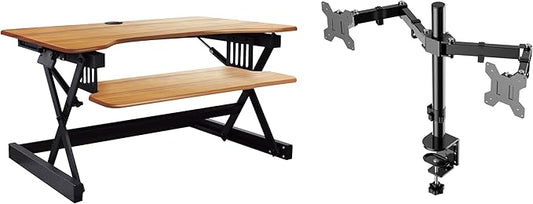 Rocelco 40" Large Height Adjustable Standing Desk Converter with Dual Monitor Mount BUNDLE - Sit Stand Up Computer Workstation Riser - Retractable Keyboard Tray - Teak Wood Grain (R DADRT-40-DM2)