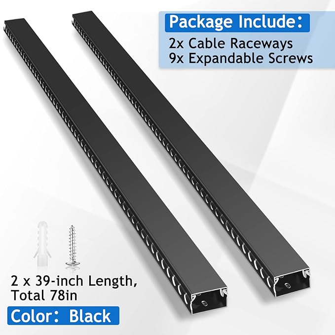ZhiYo Cable Raceway 78in(2xL39in), Server Rack Cable Management Under Desk Cord Organizer, Electrical Safe PVC Cable Channel Open Slot Wire Raceway for Network/PC/TVs, Wire Duct H1 x W1.6in Black