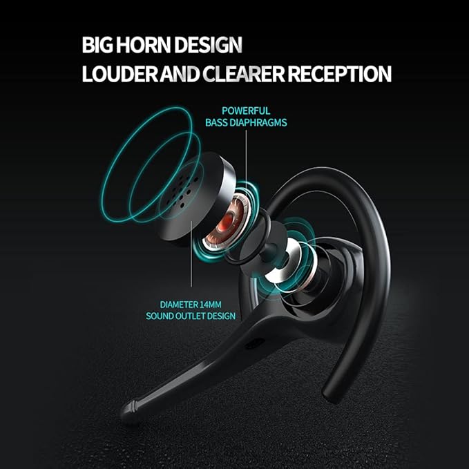 AYI Wireless Bluetooth Earpiece Headphone Dual Noise Cancelling Mic Painless Open-Ear Handsfree Headset Stereo Sound Left/Right Changeable Earhook Earphones for Driving/Business/Gym