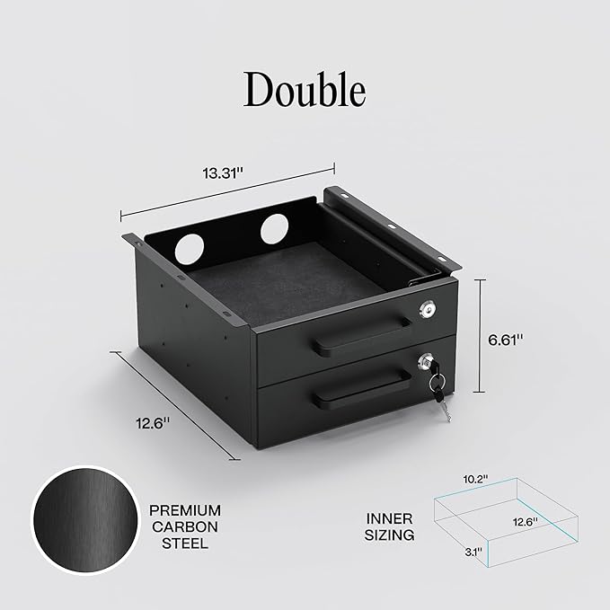 Under Desk Drawer Slide-Out – Lockable Metal Storage Drawers with Cable Management for Office & Home (Double, Non-Bracketed)