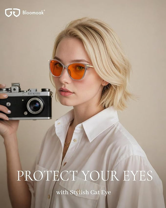 Bloomoak Cat-Eye Blue-Light Glasses | 99% Filter Amber Lens |Oversized frames Make you Look Younger| Sleep & Gaming