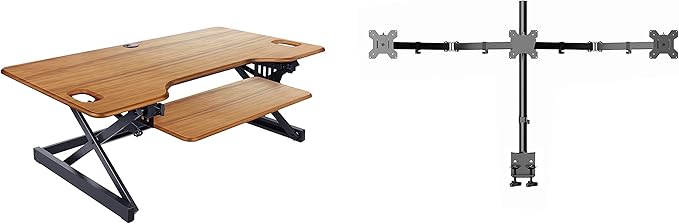 Rocelco 46" Large Height Adjustable Standing Desk Converter with Triple Monitor Mount BUNDLE - Sit Stand Up Computer Workstation Riser - Retractable Keyboard Tray - Teak Wood Grain (R DADRT-46-DM3)