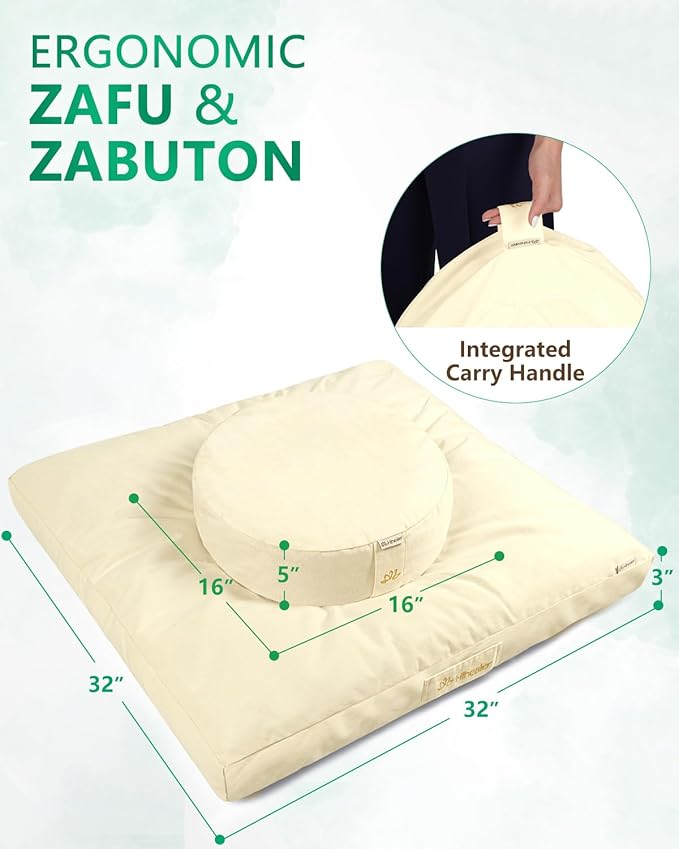 Hihealer Meditation Cushion Set Large Velvet Floor Pillow & Traditional Tibetan Yoga Bolster for Adults Zafu Meditation Mat with Buckwheat Filling (Cream)