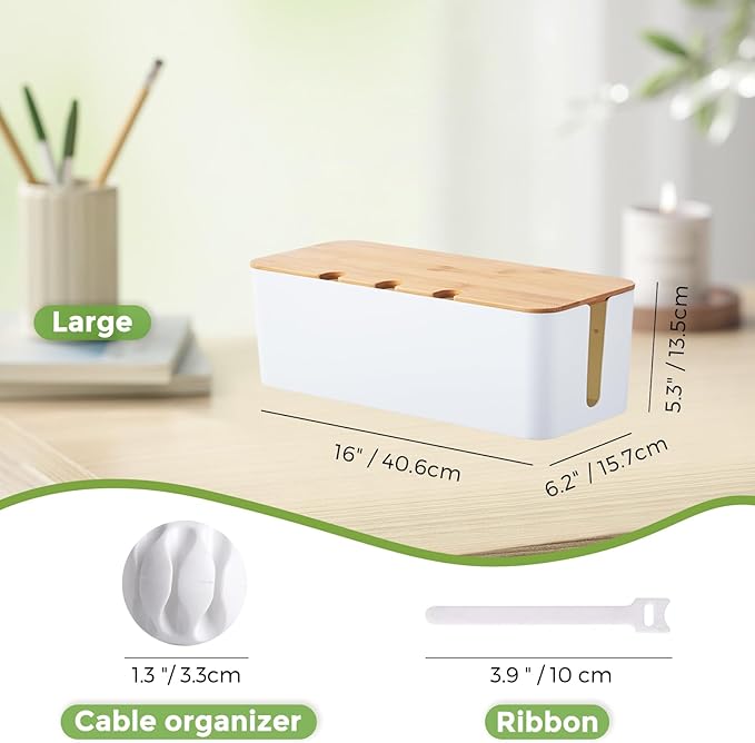 Cable Management Box, Cord Cable Organizer Box with Bamboo Lid, Under Desk Cable Management with 10 Cable Ties and 2 Cable Clip Holders for TV Router Computer USB Hub White