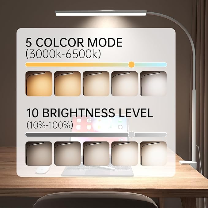 LED Desk Lamp with Clamp, Eye-Protection Clip on Desk Lamp, 5 Modes 10 Brightness Adjustment, 360°Flexible Gooseneck Lamp for Home Office, Lamps with USB Adapter,White