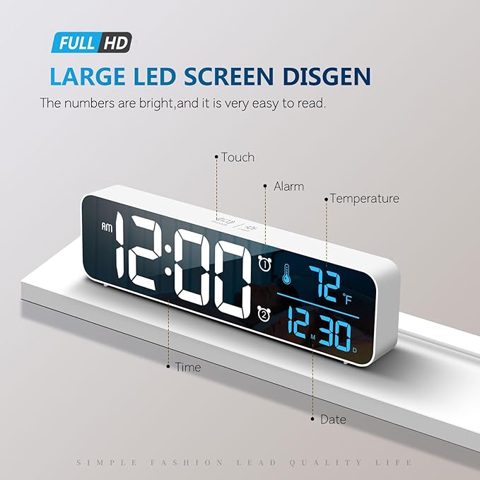 Hournor Digital Clock, Clock for Bedroom, Digital Wall Clock, Clocks for Living Room Decor, Desk Clock, Table Clock, Digital Clock Large Display, Smart Alarm Clock for Office (Wired White+Blue Digit)