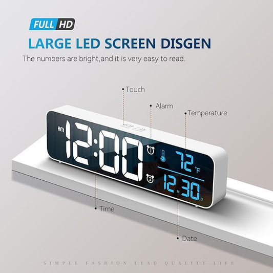 Hournor Digital Clock, Clock for Bedroom, Digital Wall Clock, Clocks for Living Room Decor, Desk Clock, Table Clock, Digital Clock Large Display, Smart Alarm Clock for Office (Wired White+Blue Digit)