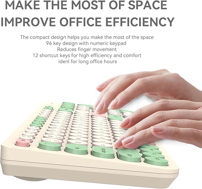 Wireless Keyboards Mouse Combos, Colorful Quiet Keyboard Cute Typewriter Full-Size Retro Round Keycaps, 2.4GHz Sleep Mode Office Wireless Keyboard and Mouse Set for Desktop Laptop PC Computer
