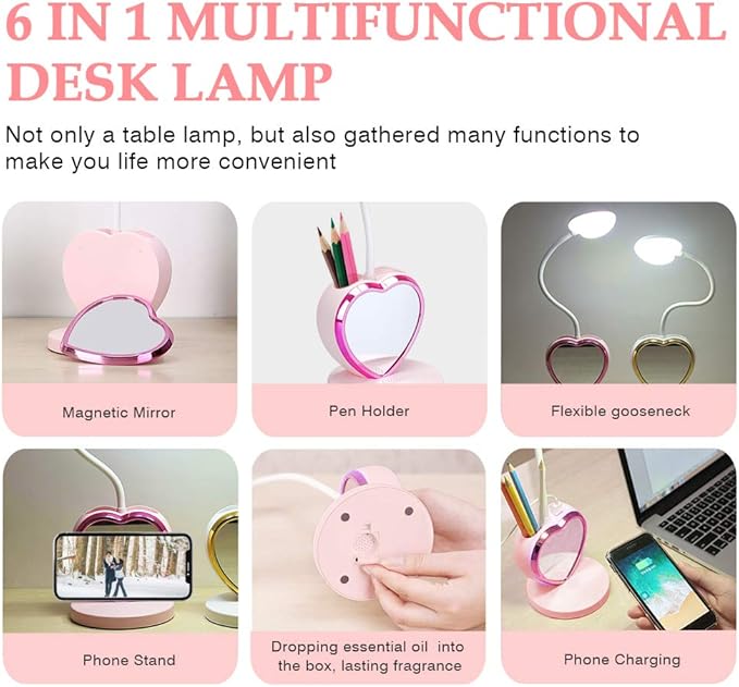 LED Desk Lamp, Cute Pink Desk Lamp with USB Charging Port/Pen Holder and Phone Stand, Touch Control Reading Lamp with 2 Color Modes,Eye-Caring Study Table Lamp for Kids Girls College Dorm Bedroom