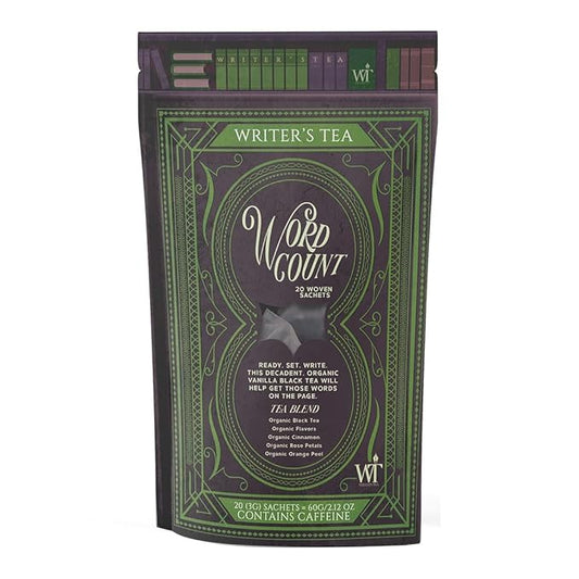 Writer's Tea Word Count - Energy Tea - Black Tea, Flavoring, Cinnamon, Rose Petals, and Orange Peel Tea Blend - Contains Caffeine - 20 Woven Sachets