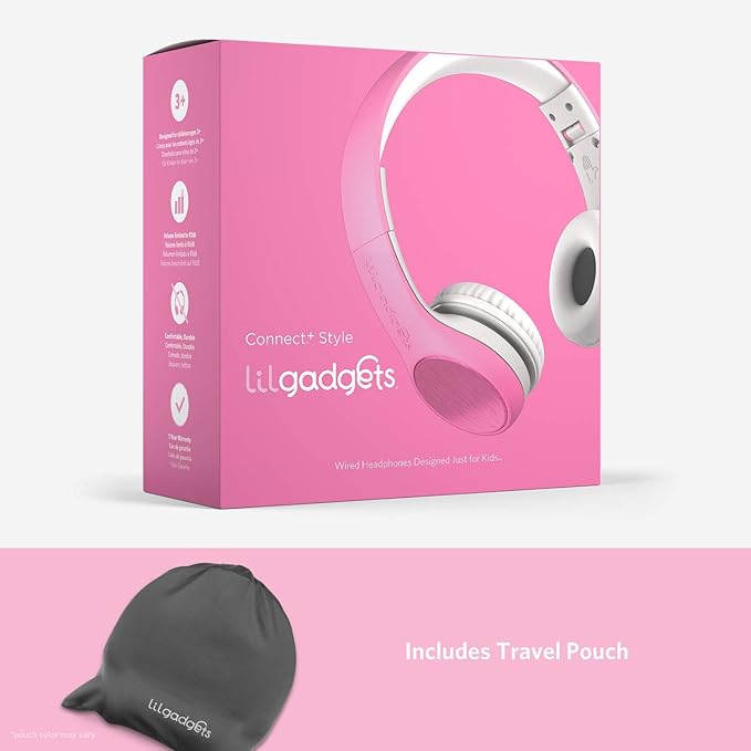 LilGadgets Connect+ Style On-Ear Kids Headphones with Microphone - SharePort Technology, SoftTouch Padding, Detachable Cable, Noise Reduction, Durable & Adjustable - Pink School Headphones for Kids