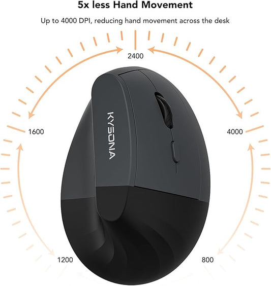 Wireless Ergonomic Mouse, Vertical Mouse, Bluetooth Ergo Mouse, Quiet Click, 5 Level Adjustable DPI(800/1200/2400/2400/4000), Rechargeable 2.4G Mice with 6 Buttons for Computer, PC, Mac, Laptop, Black