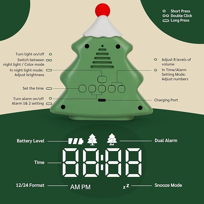 Yiliaw Kids Alarm Clock with Night Light, Christmas Tree Wake Up Clock, Rechargeable Cute Alarm Clock for Bedroom, for Boys and Girls, Green