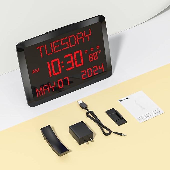 Mesqool Digital Clock, 11.5โ Digital Wall Clock with Date,Time,Week, Indoor Temperature, Dimmable, Snooze, 12/24H for Living Room, Elderly, Seniors, Dementia, Alzheimers' Calendar Clock