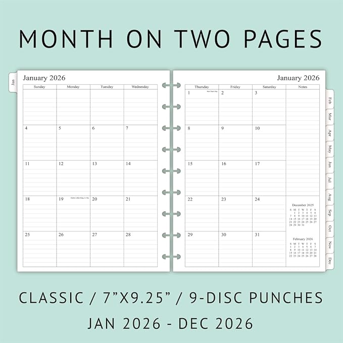 2026 Weekly Planner Refills for Happy Planner Classic Notebook - 9 Discs Punched, Two Pages Per Week, Jan 2026 to Dec 2026, 7" x 9-1/4"