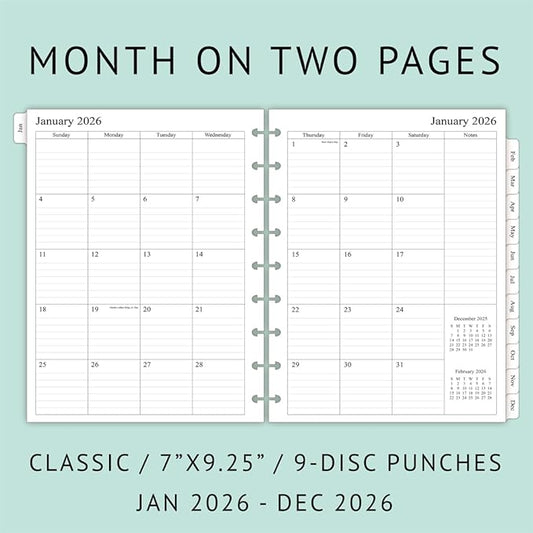 2026 Weekly Planner Refills for Happy Planner Classic Notebook - 9 Discs Punched, Two Pages Per Week, Jan 2026 to Dec 2026, 7" x 9-1/4"
