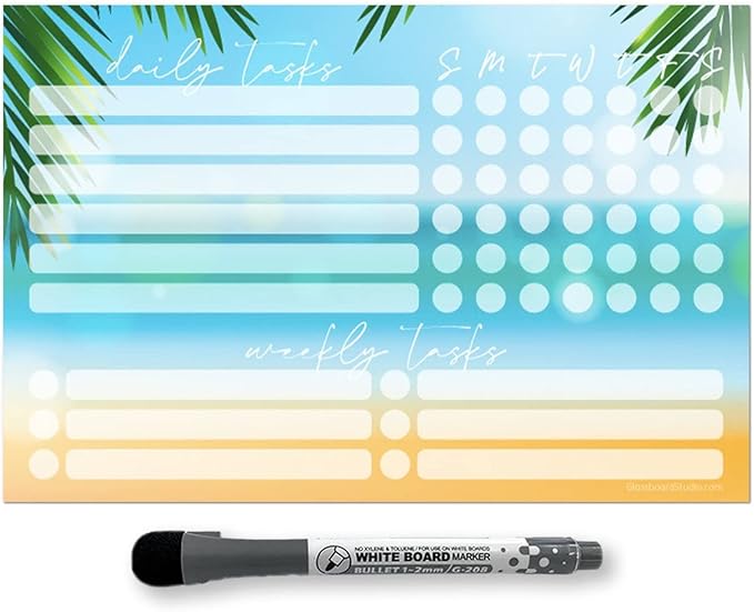 Dry Erase Whiteboard Task Planner | Removable and Restickable Adhesive Decal | Fine-Tip Magnetic Marker Included (6 x 9 inches, Beach)