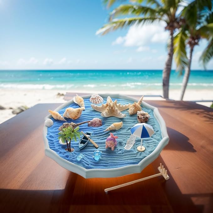 Desktop Zen Garden Kit - Ocean Themed Decor Sand, Natural Shells Starfish Conch, Mermaid Resin Summer Beach Desktop Decorations, Office Desktop Decoration Gift (Blue)