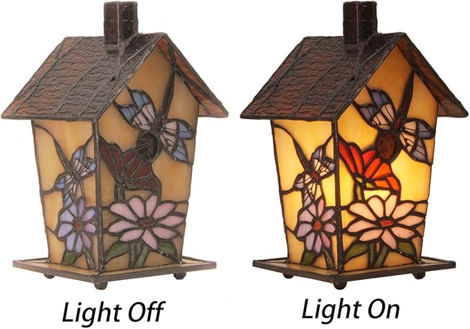 Bieye L10782 Tiffany Style Stained Glass Birdhouse Table Lamp for Home Decor (7-inch High, Dragonfly)
