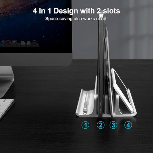 Vaydeer Aluminum Laptop Stand Double-Slot Adjustable Vertical Laptop Stand Newly Designed 2 Slot Desktop Holder for All MacBook/Chromebook/Surface/Dell/iPad Up to 17.3 Inches, Silver