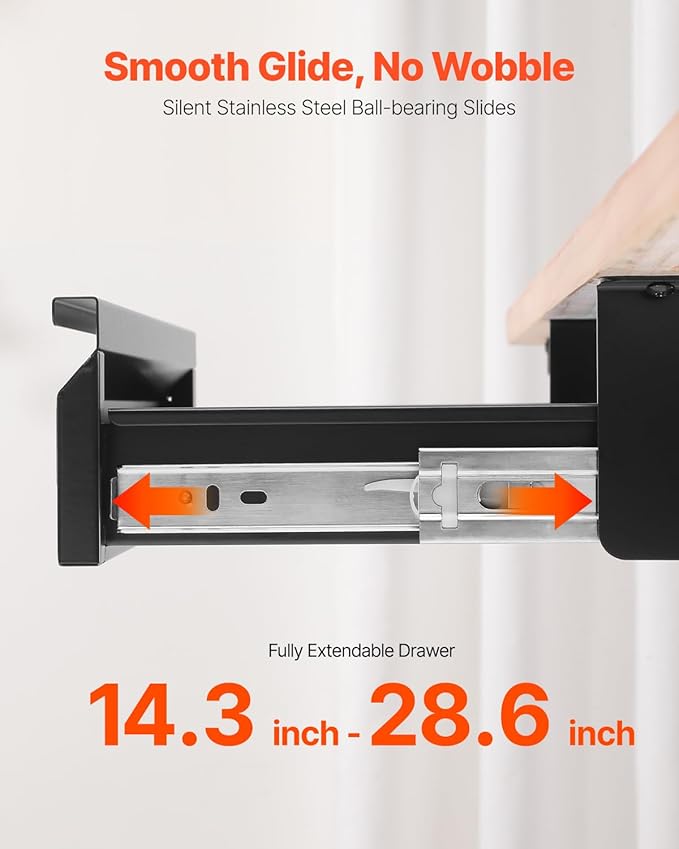 VEVOR Under Desk Drawer Slide Out, 16 inch Attachable Desk Drawer for Sit Stand Workstation, Hidden Under Counter Drawers for office Home, Black