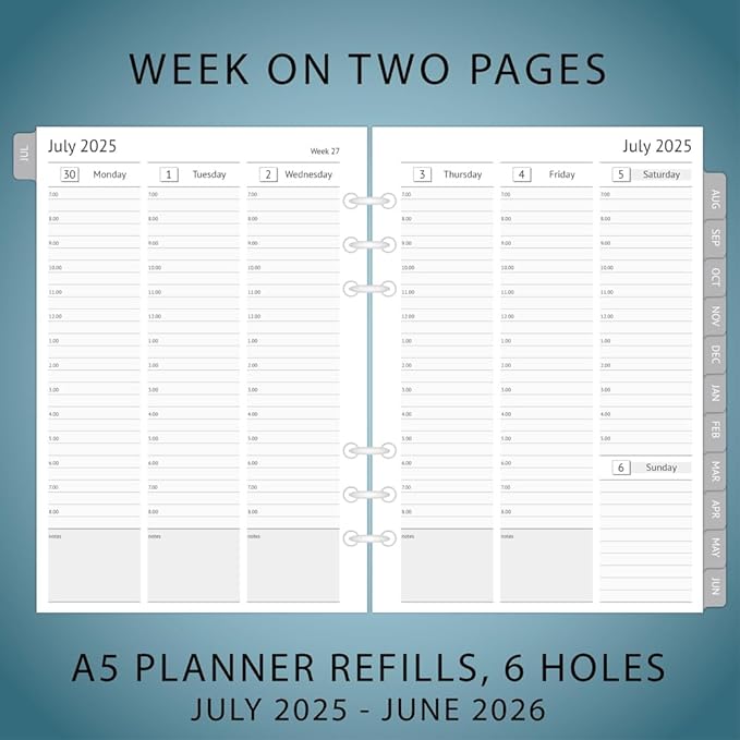 newestor 2025-2026 A5 Planner Inserts, Filofax A5 Compatible, Jul 2025 - Jun 2026, Weekly and Monthly Appointment Book Pages, Tabbed, 6 Holes