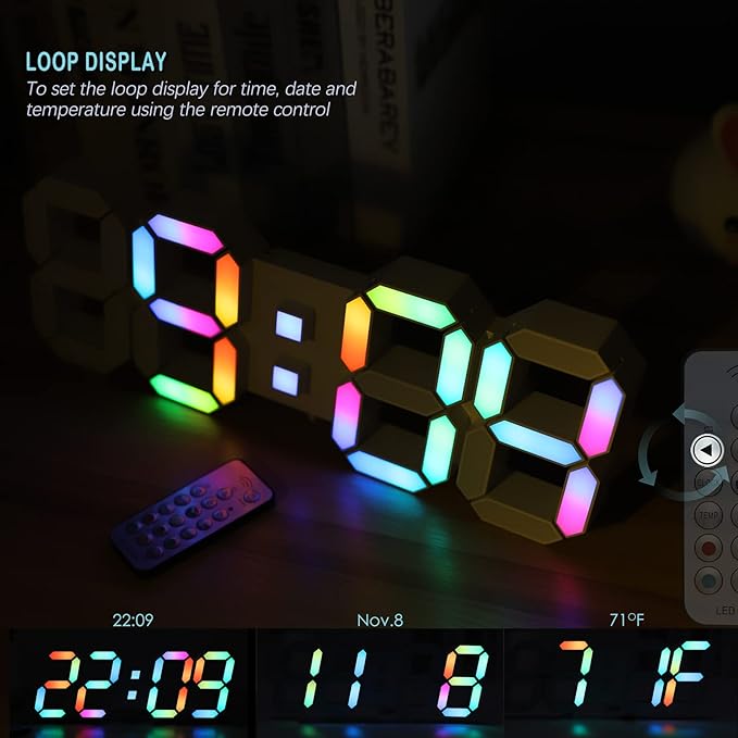 KOSUMOSU LED Wall Clock 15" RGB Digital LED Clock for Living Room Decor, Large Display Gaming Room Clocks, Dimming/12/24 Hr Time/Date/Temp/Remote (White Clock with Neon Light)