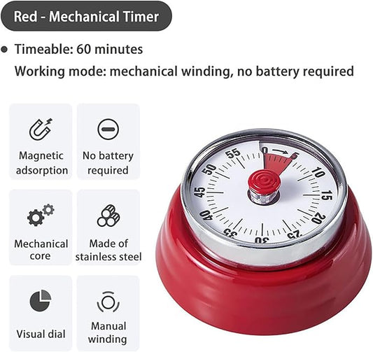 Elegant Stainless Steel Vintage Kitchen Timer with Magnetic Attachment - 60-Minute Countdown & Audible Alarm, Perfect for Cooking, Office Tasks, and Study Sessions (01-red)