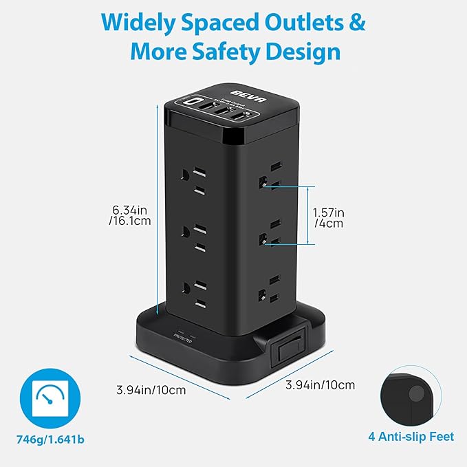 BEVA Power Strip Tower with USB Ports, 6.5 FT Surge Protector Power Tower, 12 AC and 4 USB Ports, 6.5 FT Extension Cord with Multiple Outlets, Office Supplies Office Organization (Black)