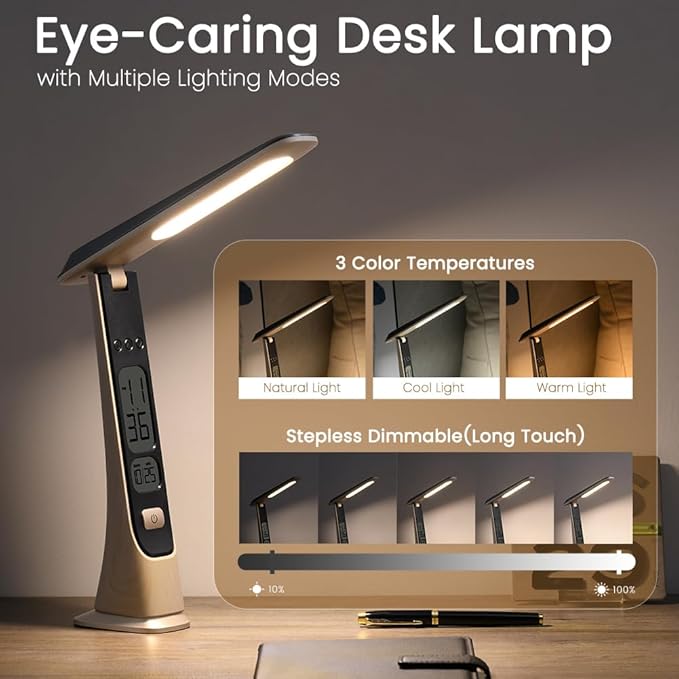 WILIT Rechargeable Lamps Cordless Table Lamp, Foldable Portable Desk Lamp, Battery Operated Lights with Stepless Brightness&Time Display for Home Office, Book Lights, Desk Accesories, Tea White