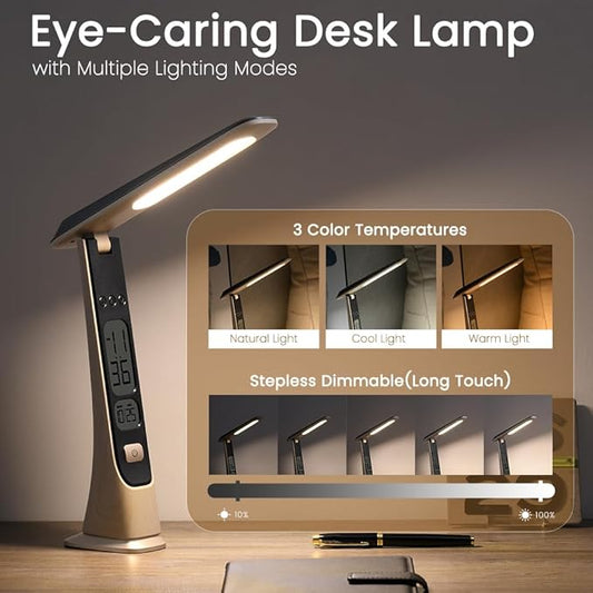 WILIT Rechargeable Lamps Cordless Table Lamp, Foldable Portable Desk Lamp, Battery Operated Lights with Stepless Brightness&Time Display for Home Office, Book Lights, Desk Accesories, Tea White
