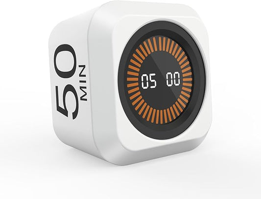 Rotating Cube Visual Timer 5, 25, 10, 50 Min Preset + Custom Countdown, Rechargeable Desk Productivity Flip Timer w/Silicone Case, Silent Mode, Ideal for ADHD Tool Study Work School (White)
