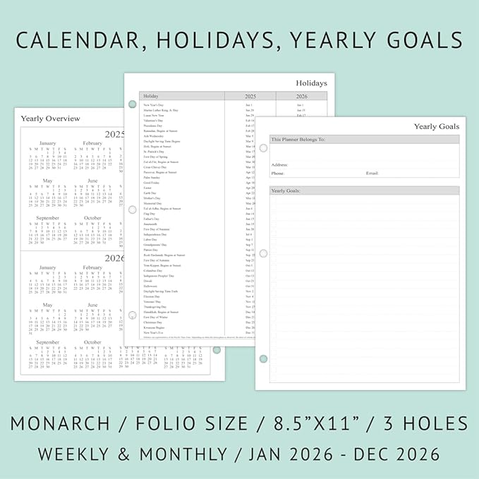 newestor 2026 Weekly Planner Refills for 3-Ring Binder with Monthly Tabs, Two Pages Per Week, 8-1/2" x 11", Folio Size 5 / Monarch