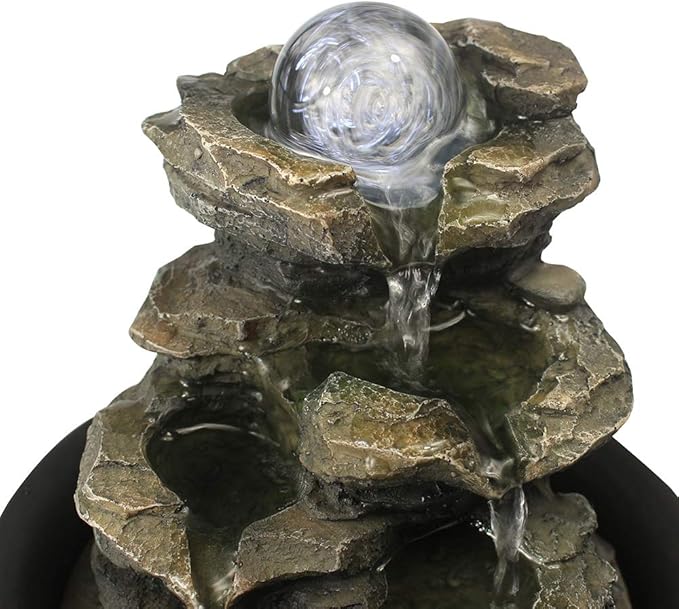 8.3" High 4-Tier Cascading Rock Falls Tabletop Water Fountain with LED Light & Spinning Ball - Indoor Small Waterfall Feature for Office, Home and Bedroom Desktop Decor Dark Grey
