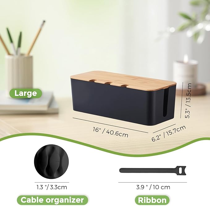 Cable Management Box, Cord Cable Organizer Box with Bamboo Lid, Under Desk Cable Management with 10 Cable Ties and 2 Cable Clip Holders for TV Router Computer USB Hub Black