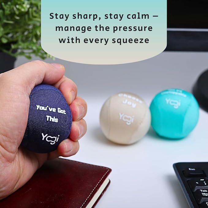 Yogi Stress Ball with Finger Grip Strap ā Squeeze Ball for Anxiety Relief & Hand Therapy ā Grip Strength Trainer for Adults & Kids, Fidget Toy for Stress Relief, Squishy Sensory Ball