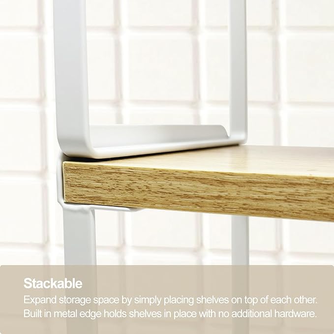 Mitus Shelf Organizer and Storage, Tiered Wood Cabinet Rack for The Kitchen Counter, Bathroom Counter, Pantry Cupboard, Office Desk Bookshelf, 16" Wide Natural and White