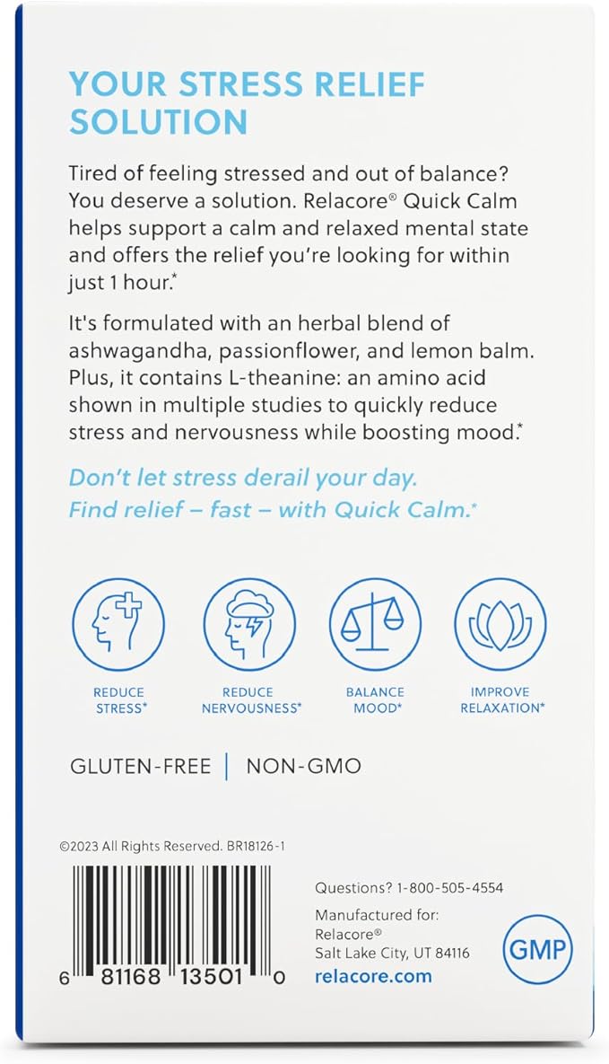 Quick Calm Mood Support Supplement with Ashwagandha, L-Theanine, Rapid Stress Relief and Relaxation – Cortisol Supplement - 60 ct