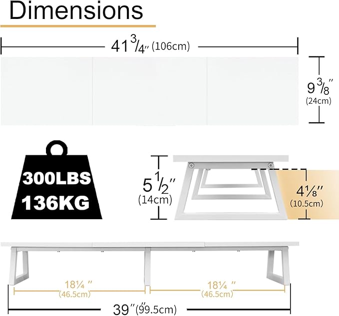 TEAMIX White Dual Monitor Riser for 2 Monitors-42inch, Wood Desktop Dual Stand with Metal Legs, Long Screen/PC/Laptop Storage,Computer Shelf TV Holder Home Office