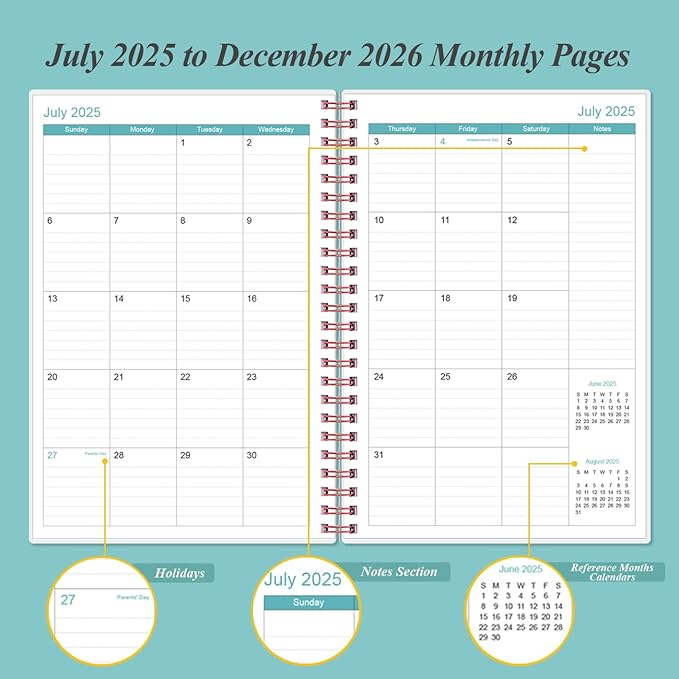 2025-2026 Planner - 18 Months Weekly & Monthly Planner from July 2025 - December 2026, Spiral Planner 2025-2026 with Elastic Closure, Inner Pocket, Medium 5.8" x 8.3", Teal Flower