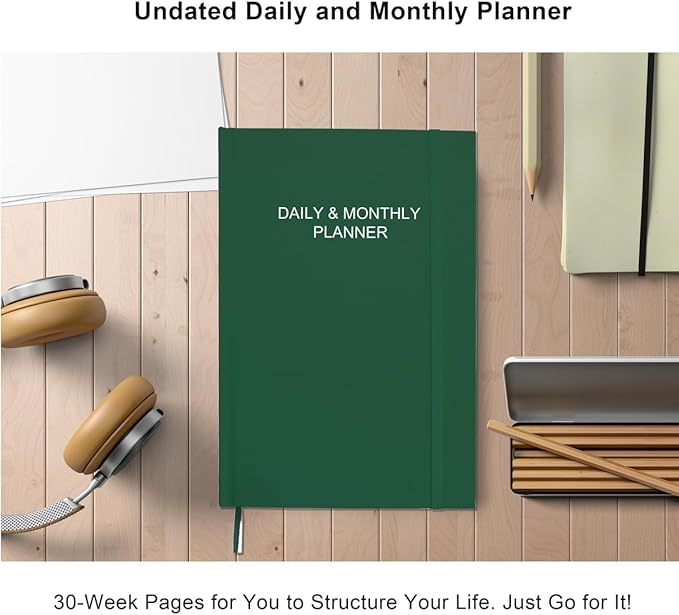 Daily & Monthly Planner for 2025 2026 or Anytime - ADHD Planner Two Pages Per Day, Daily Planner Undated to Increase Focus, Eliminate Overwhelm, Achieve Your Biggest Goals, 5.8'' × 8.3'', Green