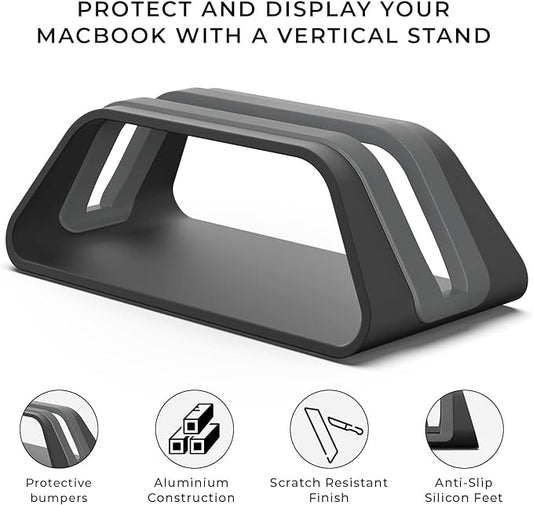 HumanCentric Vertical Laptop Stand Compatible with MacBook Pro and MacBook Air, Holder for Personal Computer Desk Stand, Aluminium, Exchangeable Inserts to Fit Different Device Models, Black