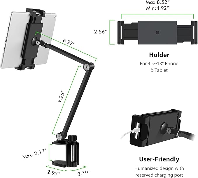 Viozon Tablet Stand Holder Mount, Rotate 360 Degrees of Flexible, Height and Angle Adjustable, High-Grade Aluminium Alloy Long Arm Compatible with 4.5-13 Mobile Phone and Tablet (AP-7LCB2)