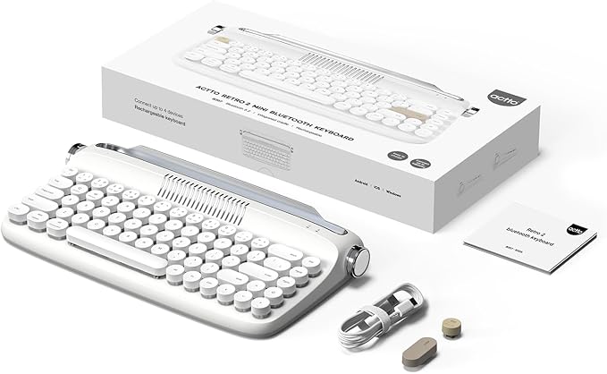 YUNZII Upgraded Wireless Typewriter Keyboard, Retro Aesthetic with Integrated Stand,Cute Round Keycaps, USB-C/Bluetooth Connection for Table, Phone, PC and Win/Mac/Android (B307, Snow White)
