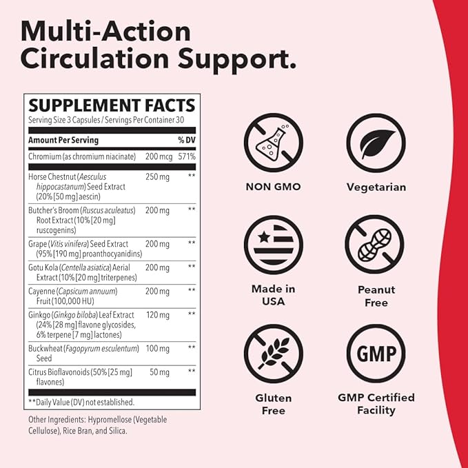 LifeSeasons Circulari-T - Blood Circulation Supplement - Supports Artery, Capillary & Vein Health - Butcher’s Broom, Ginkgo, Cayenne, Grape Seed & Horse Chestnut - 90 Capsules