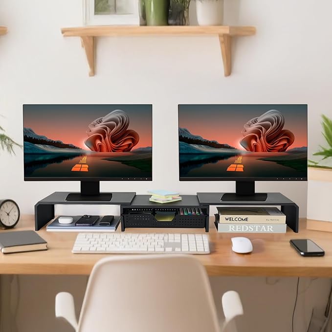 Dual Monitor Stand Riser with Drawer, Desk Organizer and Accessories, Metal Laptop Stand for Desk, Workspace Desktop Stand for Computer, Laptop, TV and More (Black)