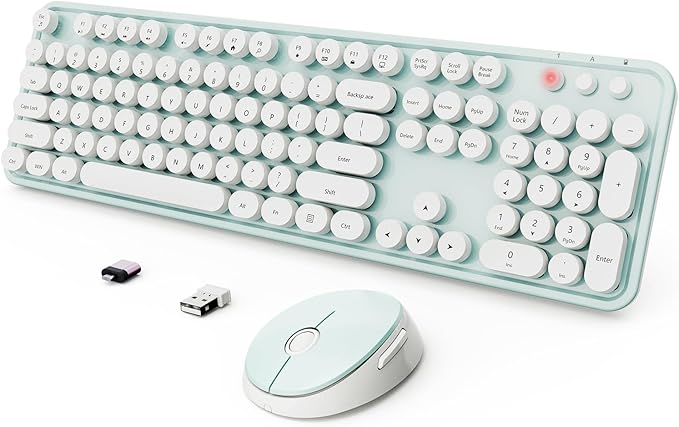Wireless Keyboard and Mouse Combo, Ergonomic Full Size Typewriter Retro Round Keycaps Keyboard, Compatible with Windows, PC, Perfer for Home and Office Keyboards(Green)